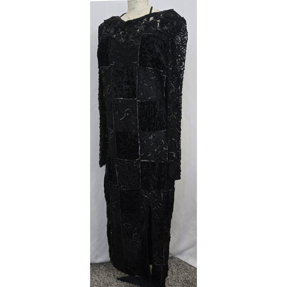 VINTAGE Judith Ann Creations‎ Black Velvet Beaded Sequin Patchwork Maxi Dress M